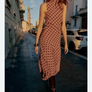 Zara Brown Polka Dot Midi Dress